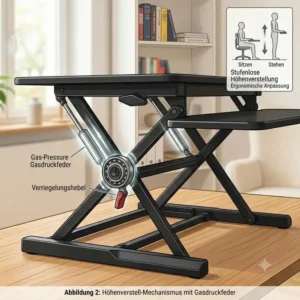 Detailansicht der mechanischen Höhenverstellung, die im laptop schreibtischaufsatz review genauer untersucht wird.