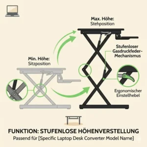 Grafische Darstellung der Höhenverstellung für laptop schreibtischaufsatz home office.