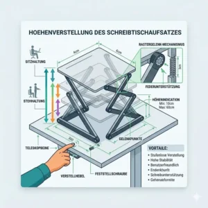 Technische Illustration der Höhenverstellung eines Laptop-Schreibtischaufsatzes für flexibles Arbeiten.