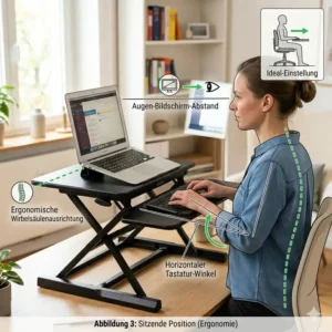 Ergonomische Haltung beim Sitzen mit dem Monitor-Riser aus unserem laptop schreibtischaufsatz review.