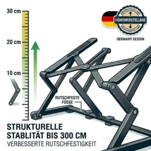 Technische Illustration für einen klappbaren laptop schreibtischaufsatz höhe bis 30 cm für unterwegs.