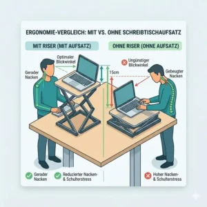 Vorher-Nachher-Vergleich der Nackenhaltung bei der Laptop-Arbeit mit und ohne Schreibtischaufsatz.