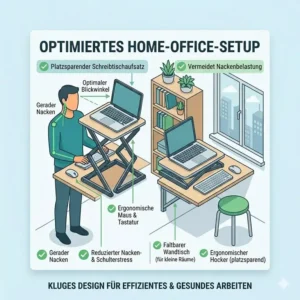 Platzsparende Illustration eines Home-Office-Arbeitsplatzes mit kompaktem Laptop-Schreibtischaufsatz.