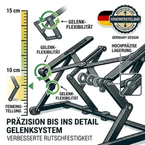 Darstellung der stabilen Konstruktion von einem laptop schreibtischaufsatz höhe bis 30 cm mit hoher Belastbarkeit.
