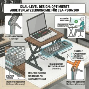 Illustration eines 2-stufigen laptop schreibtischaufsatz premium mit separater Ablage für Tastatur und Maus.