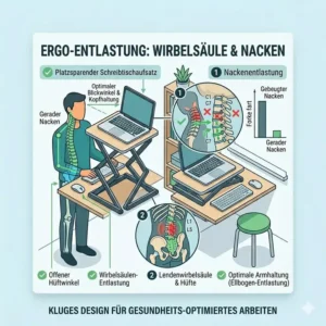 Medizinische Grafik zur Entlastung von Wirbelsäule und Nacken durch einen Laptop-Schreibtischaufsatz bei der Arbeit.