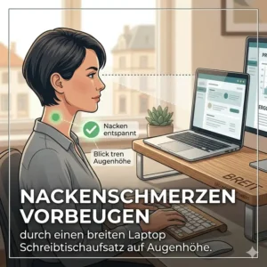 Nackenschmerzen vorbeugen durch einen breiten Laptop Schreibtischaufsatz auf Augenhöhe. (laptop schreibtischaufsatz breit)