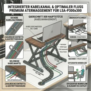 Infografik zum integrierten Kabelmanagement am laptop schreibtischaufsatz premium für einen ordentlichen Arbeitsplatz.