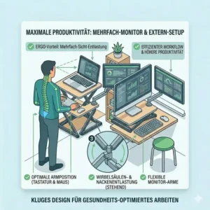 Illustration eines produktiven Setups mit Laptop-Schreibtischaufsatz, externer Tastatur und Maus für ergonomische Arbeit.
