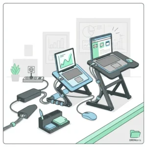 Illustration für ein ordentliches Arbeitsplatz-Setup mit laptop schreibtischaufsatz home office.