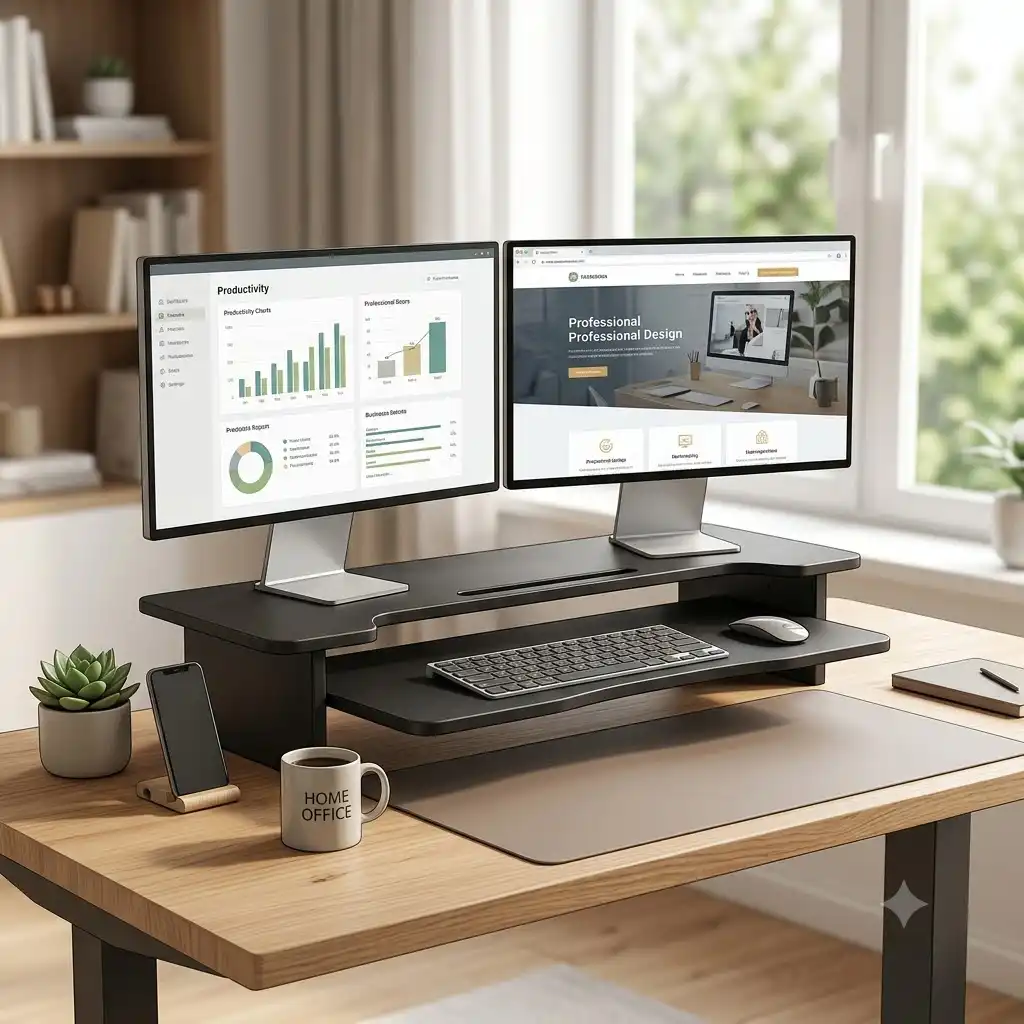 A modern home office featured image showcasing a minimalist workspace with a sleek black writes schreibtischaufsatz dual monitor supporting two screens, an ergonomic keyboard, mouse, and a coffee mug under natural daylight.
