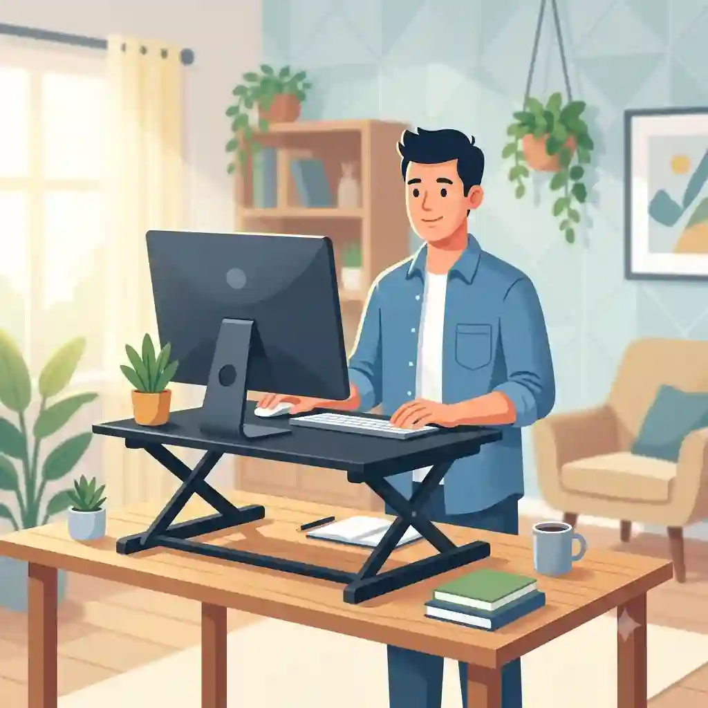 A modern schreibtischaufsatz stehen arbeiten setup in a bright home office for better ergonomics.
