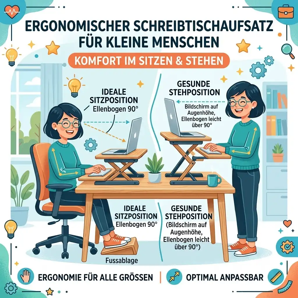 Short person using a desk converter comfortably, maintaining ergonomic posture while seated and standing.schreibtischaufsatz für kleine menschen