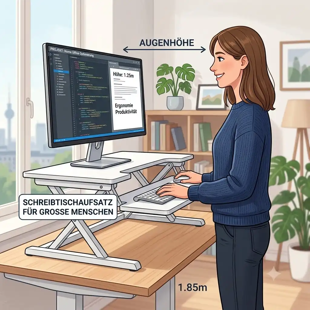 An ergonomic schreibtischaufsatz für große menschen in a modern home office for comfortable, back-friendly standing work.