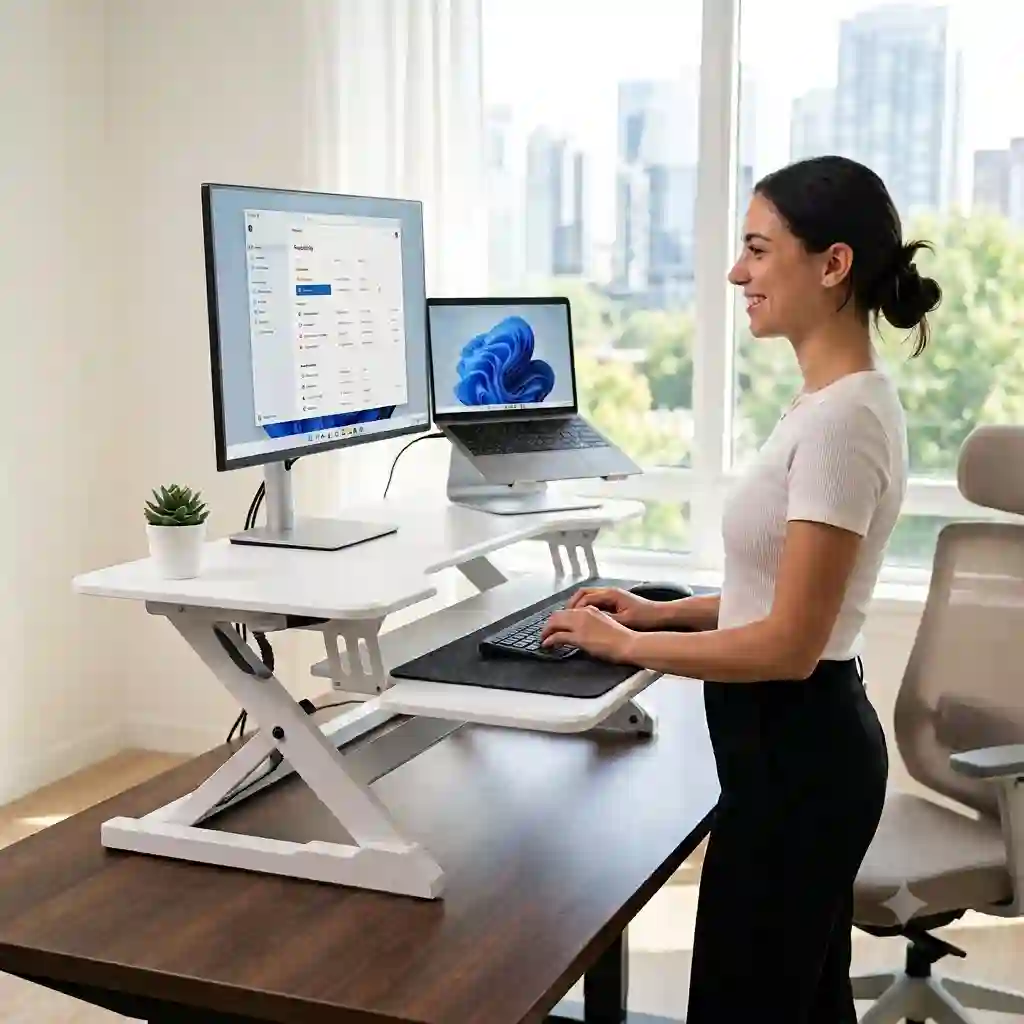 A modern writespace setup featuring a schreibtischaufsatz ergonomisch 2026 in a bright home office with a laptop and monitor aligned at eye level.