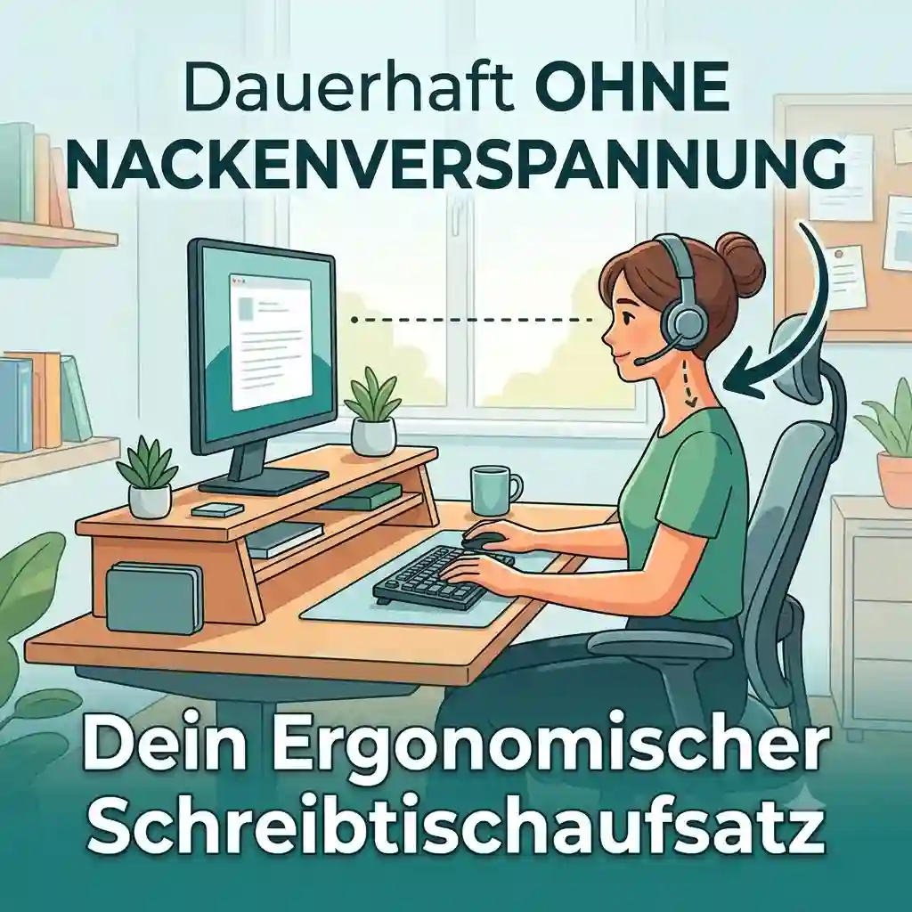 Ergonomic workspace setup showing how a schreibtischaufsatz gegen nackenverspannung works at a modern office desk