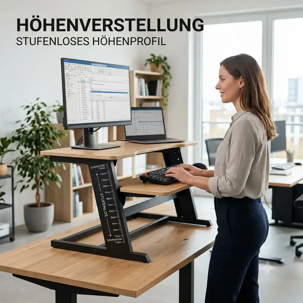 Schreibtischaufsatz höhenprofil für einen ergonomischen Arbeitsplatz im modernen Büro.