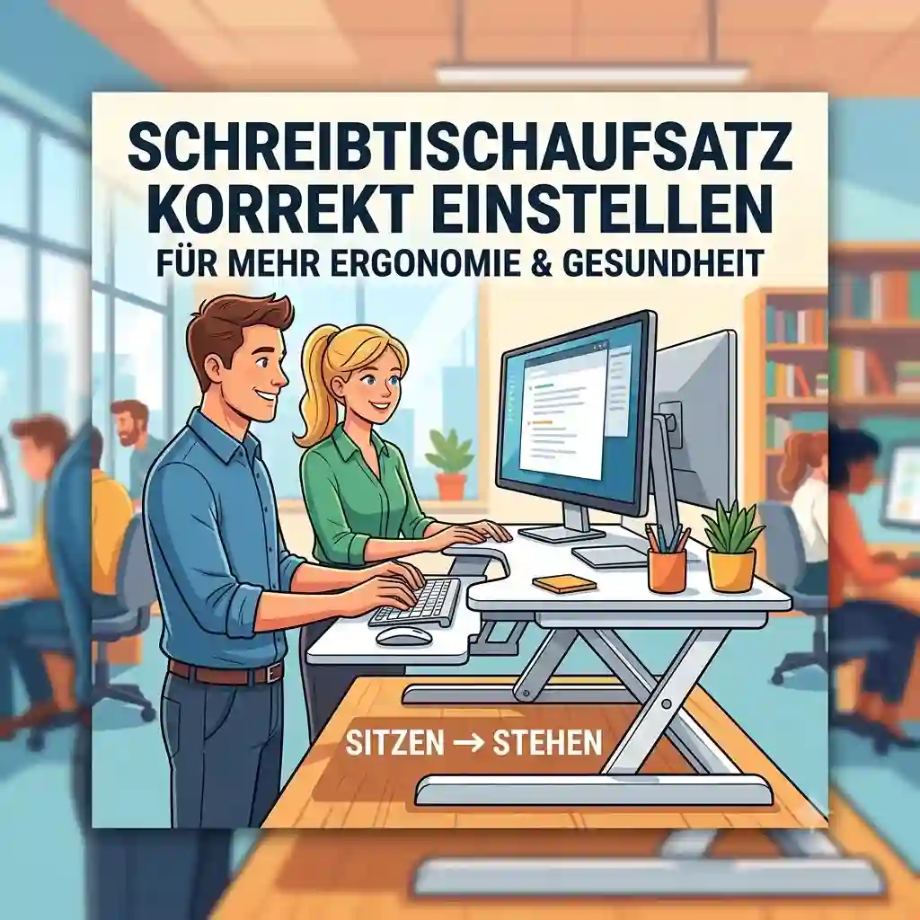 Ein ergonomisch korrekt eingestellter Schreibtischaufsatz im Büro mit einer Person in gesunder Stehhaltung.