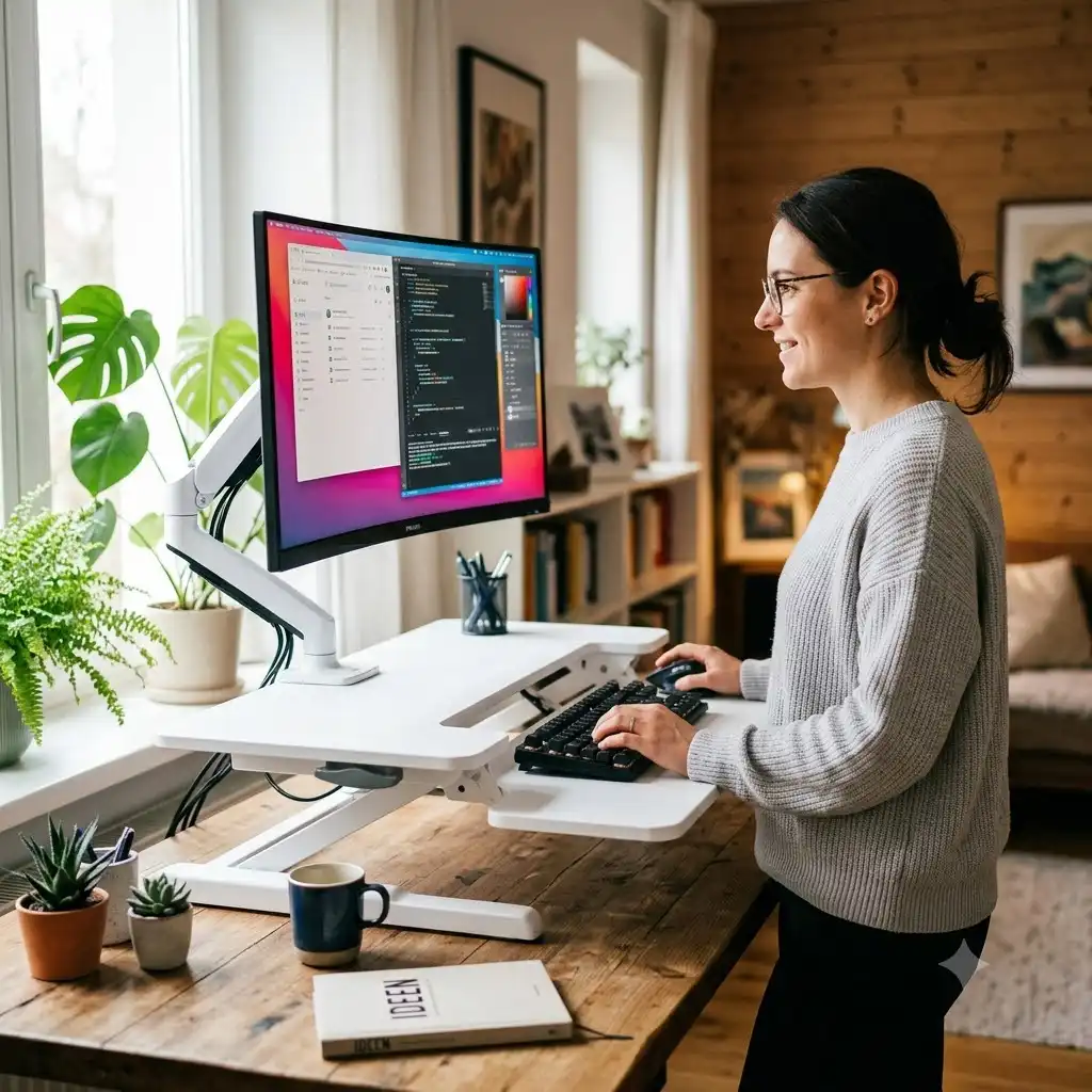 Ergonomischer schreibtischaufsatz mit monitorhalterung im modernen Homeoffice