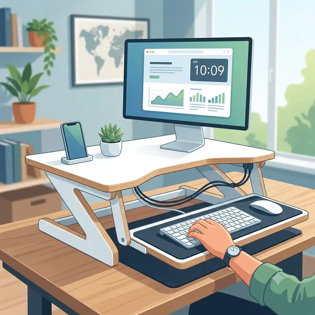 A modern ergonomic schreibtischaufsatz mit tastaturfach setup in a professional home office