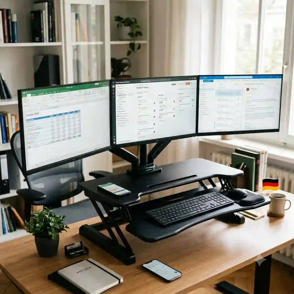 Height-adjustable schreibtischaufsatz triple monitor in a modern ergonomic office setup