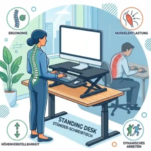 A side-by-side comparison illustrating a worker with poor posture versus proper posture using a writesk converter to avoid schreibtischaufsatz rückenschmerzen.