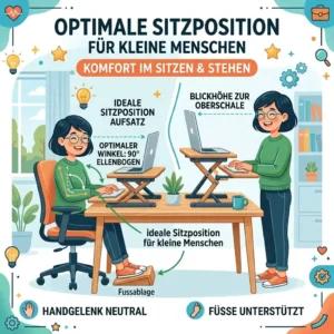 Illustration of a small person in an ergonomic seated position using a desk converter, showing correct angles for arms and legs.