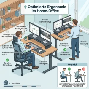 An infographic diagram comparing correct sitting and standing postures while using a schreibtischaufsatz dual monitor, with German annotations highlighting ergonomic alignment and spine health.