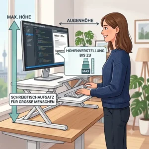 An illustration of the maximum height adjustment capability of a schreibtischaufsatz für große menschen.