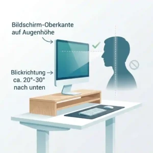 Ergonomic infographic detailing ideal monitor height adjustments and eye-level alignment based on schreibtischaufsatz ergonomie tipps.