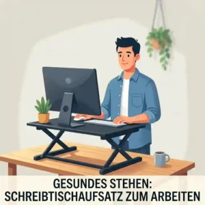 Illustration showing proper health and posture using a schreibtischaufsatz stehen arbeiten to prevent back pain.