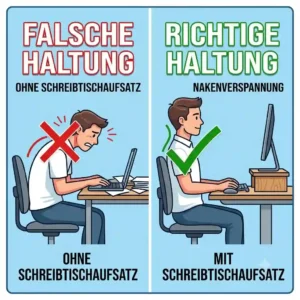 Side by side posture comparison chart demonstrating sitting with and without a schreibtischaufsatz gegen nackenverspannung