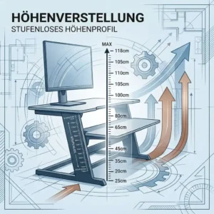 Schreibtischaufsatz höhenprofil mit technischer Darstellung der minimalen und maximalen Höheneinstellung.