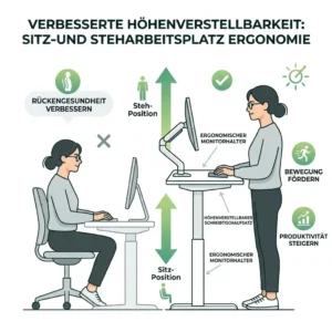 Ein stellenweise höhenverstellbarer schreibtischaufsatz mit monitorhalterung für die Ergonomie im Sitzen und Stehen