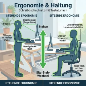 Ergonomic posture guide showing sitting and standing positions using a schreibtischaufsatz mit tastaturfach