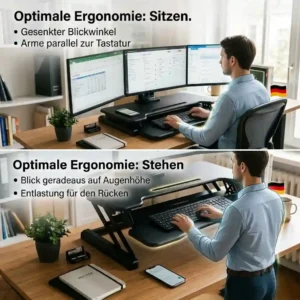 Ergonomic posture when working sitting and standing with the schreibtischaufsatz triple monitor