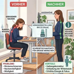 A comparative illustration of ergonomic posture improvement using a schreibtischaufsatz für große menschen.