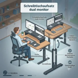 A detailed technical illustration with a cutaway view of the internal gas spring mechanism of a schreibtischaufsatz dual monitor, showing smooth height adjustment and weight resistance components.