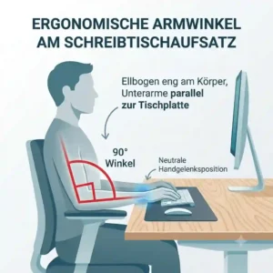 Diagram illustrating a perfect 90-degree arm and elbow angle on a keyboard tray, demonstrating key schreibtischaufsatz ergonomie tipps.
