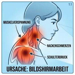 Anatomical illustration showing neck pain and shoulder pressure as the root cause solved by a schreibtischaufsatz gegen nackenverspannung