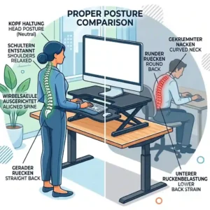 Demonstration of optimal posture at a workstation to prevent writesk converter schreibtischaufsatz rückenschmerzen.