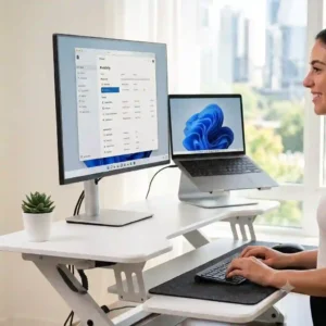 An infographic comparing poor sitting posture with the healthy standing posture achieved by using a schreibtischaufsatz ergonomisch 2026.