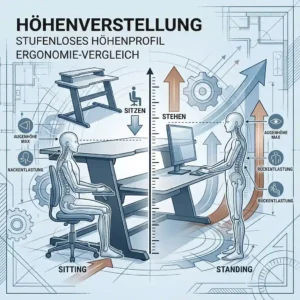 Schreibtischaufsatz höhenprofil im Vergleich zur ergonomischen Körperhaltung beim Sitzen und Stehen.
