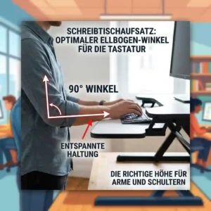 Infografik zum 90-Grad-Winkel der Ellbogen bei der Nutzung einer Tastatur auf einem Schreibtischaufsatz korrekt einstellen.