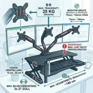 Schematic diagram of load capacity and monitor width for a schreibtischaufsatz triple monitor