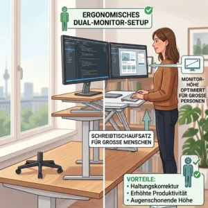 A functional illustration of a schreibtischaufsatz für große menschen with a dual monitor setup at eye level.