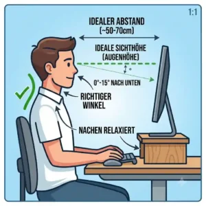 Diagram illustrating the ideal viewing angle and proper monitor height using a schreibtischaufsatz gegen nackenverspannung