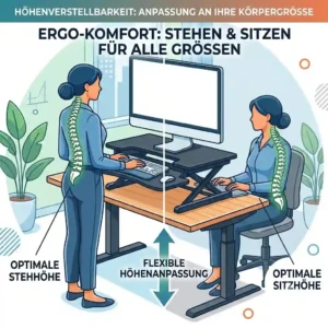 Showing a user adjusting a height-adjustable writesk converter to relieve existing schreibtischaufsatz rückenschmerzen.