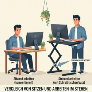 A dual monitor workspace layout featuring a spacious schreibtischaufsatz stehen arbeiten setup.