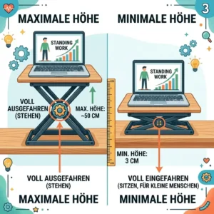 Close-up view of the minimum height setting on an adjustable desk converter designed for a small person.